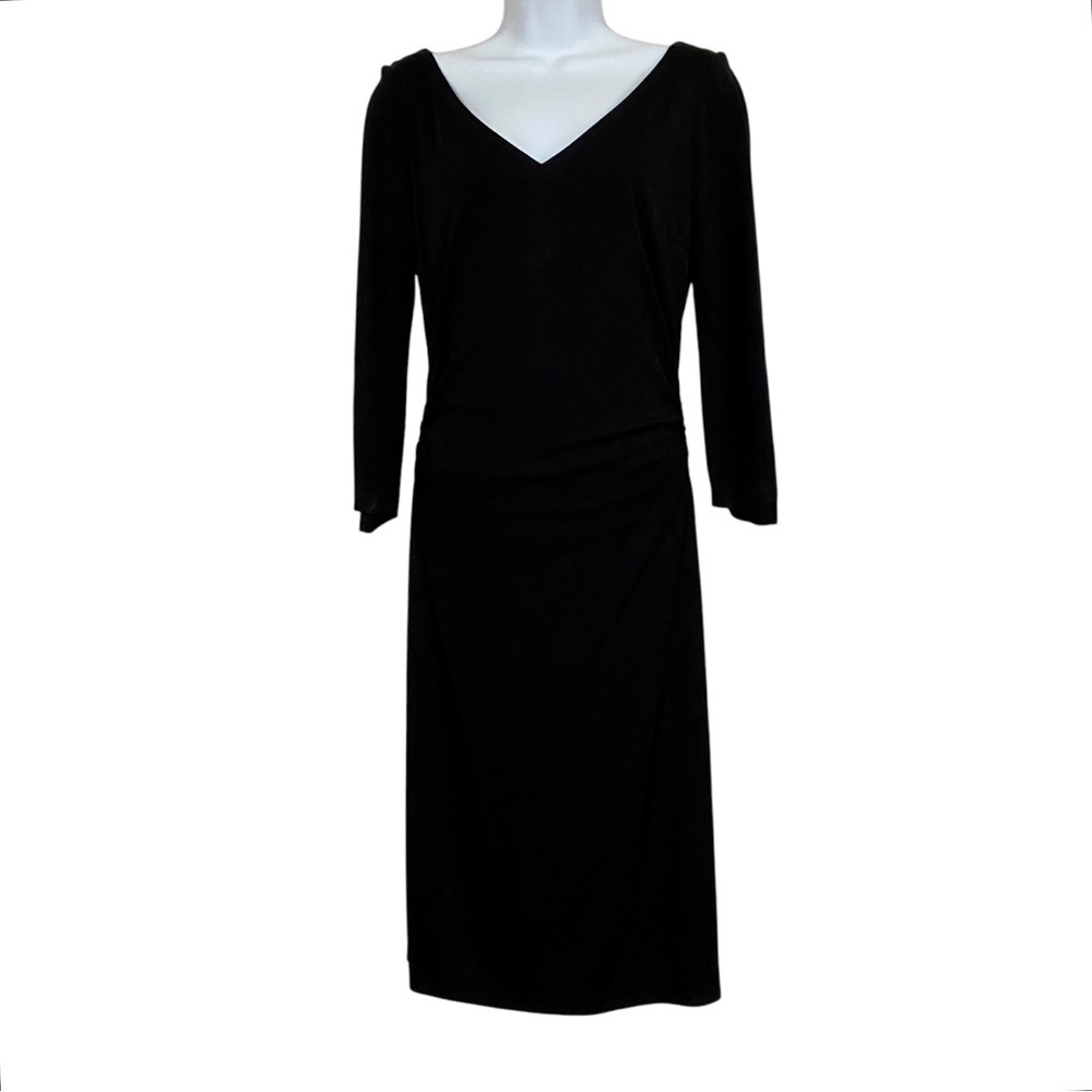 David Meister Black Classic Dress Sz 8 V-neck Rusched LBD Sheath Midi Versatile